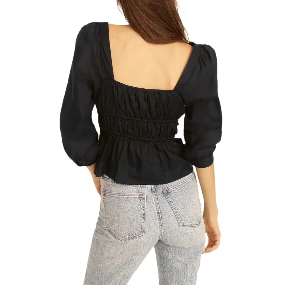 J. Crew - Cinched-Waist Top in Black Herringbone Cotton